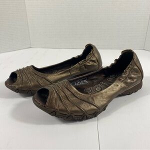 Skechers Original Bikers Women’s Size 8 Brown Leather Peep Toe Slip On Shoes EUC